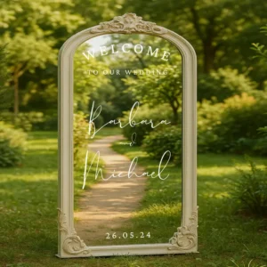 Wedding Mirror Decal – Custom Welcome Sign with Names & Date | Personalized Vinyl for Mirror, Elegant Wedding Decor, Bridal Entrance Sign