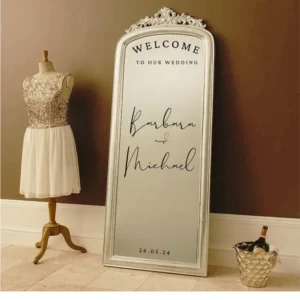 Wedding Mirror Decal – Custom Welcome Sign with Names & Date | Personalized Vinyl for Mirror, Elegant Wedding Decor, Bridal Entrance Sign
